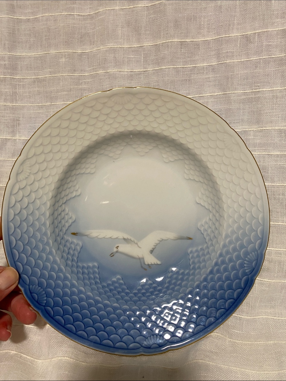 Bing and Grohndahl  Porcelain Dinner Bowl with Seagull Motif and Gold Trim